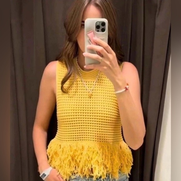 Zara Yellow Crochet Fringe Top - Picture 4 of 10